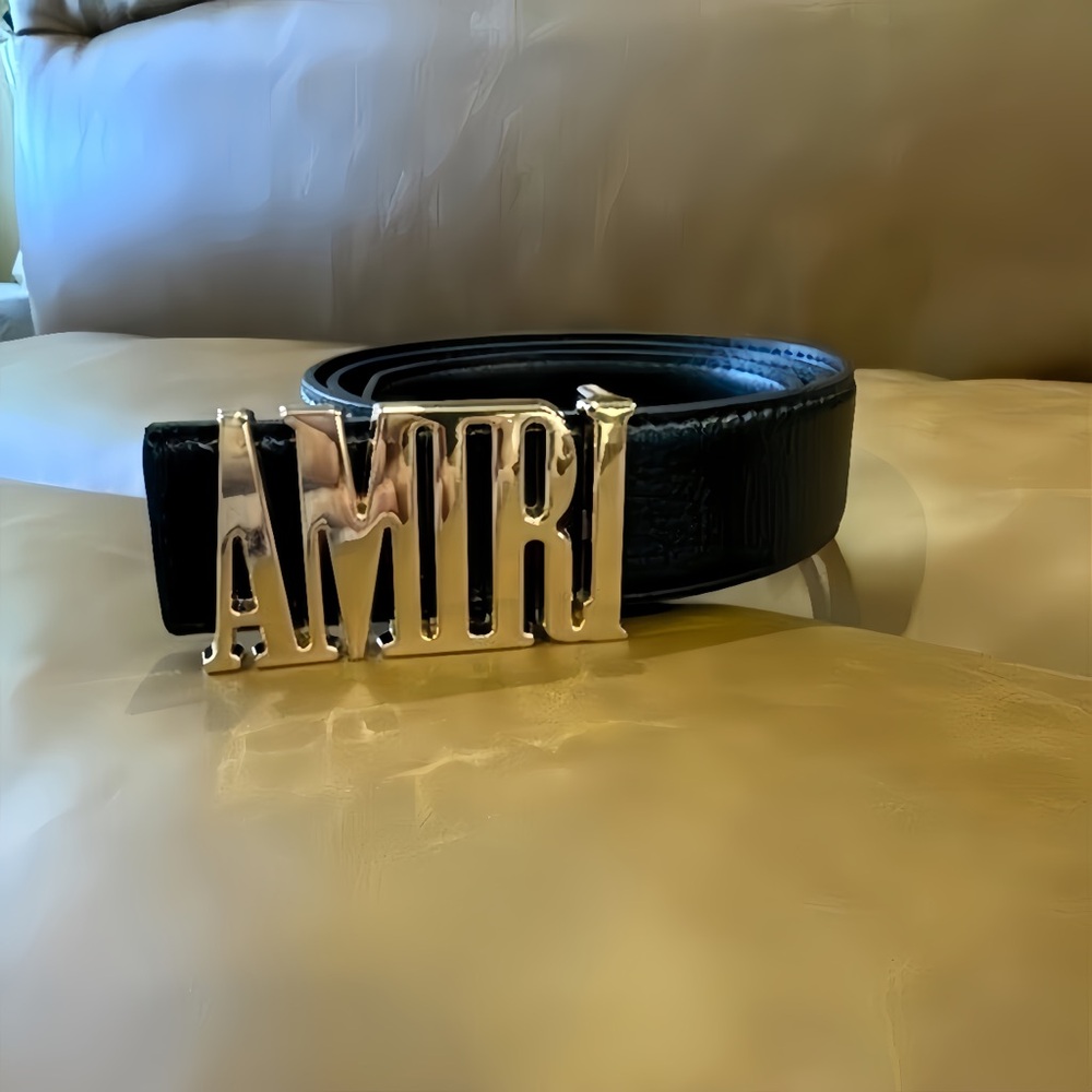 AMIRI Faux Black  Leather Belt Gold Belt Buckle Logo for Men